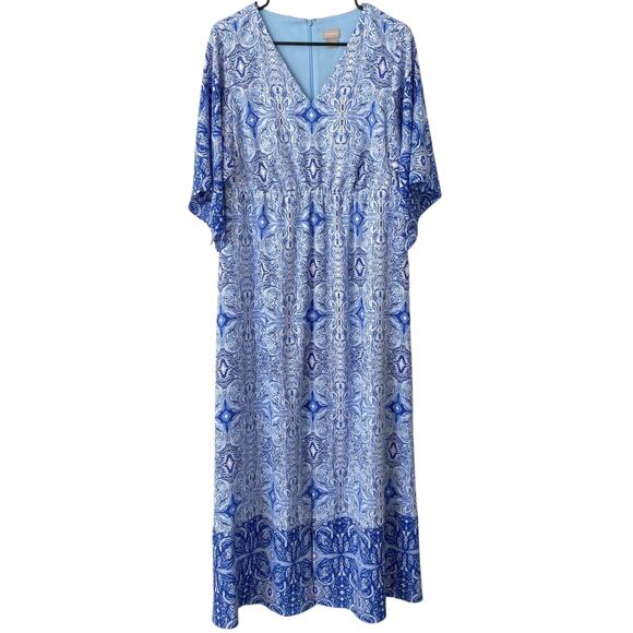 CHICO'S Kimono Maxi Dress Medallion Print Blue Size 8 Front Slit V Neckline Boho - Picture 2 of 7